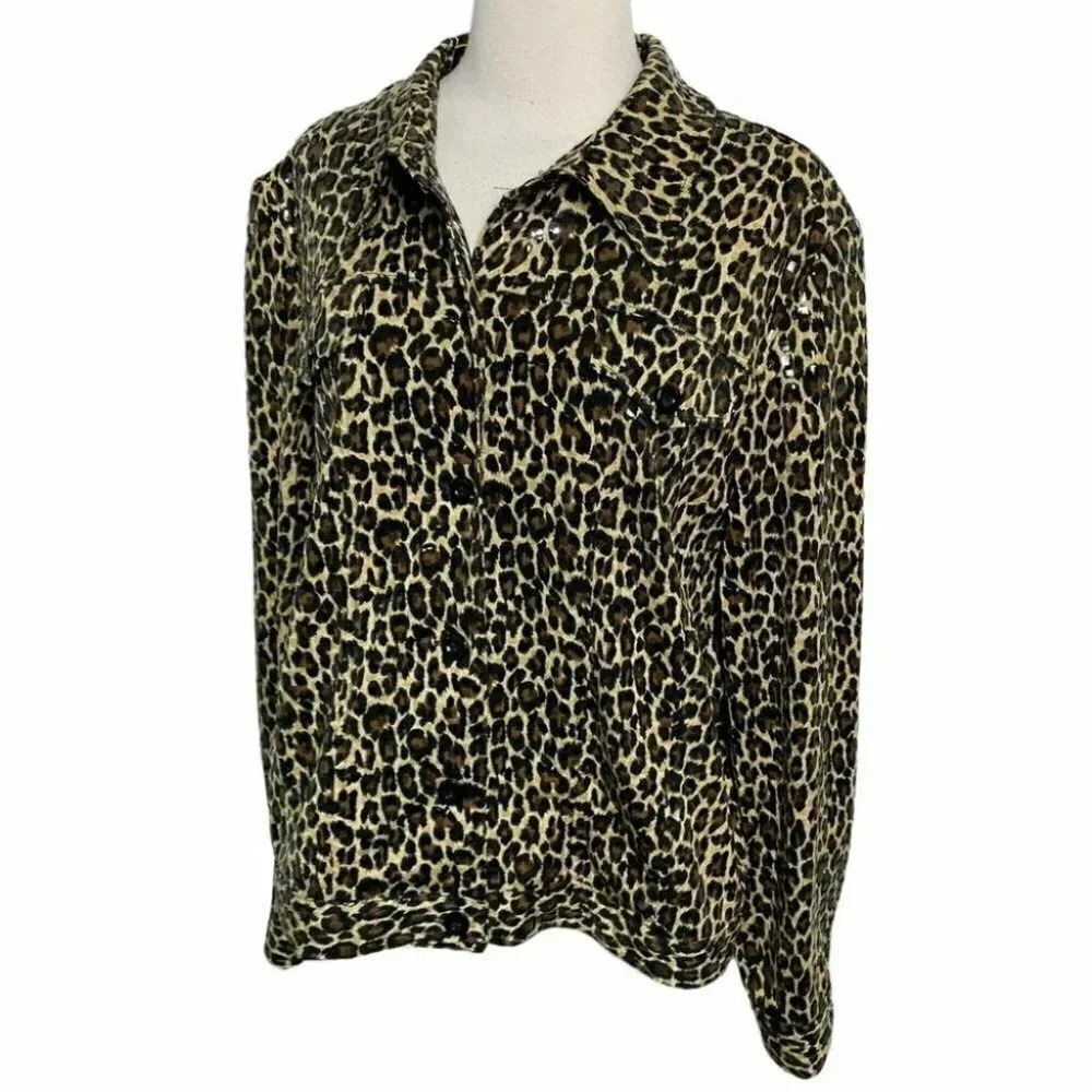 Perceptions New York Jacket 18 Brown Leopard Print Sequin Button Front Sleeve